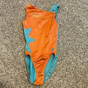 gk elite leotard, blue and orange, size xs